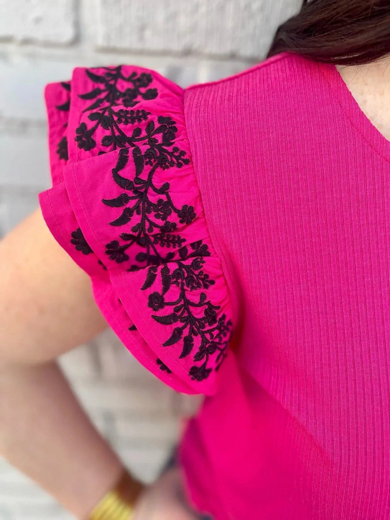 Embroidered Layered Sleeve Top, Pink